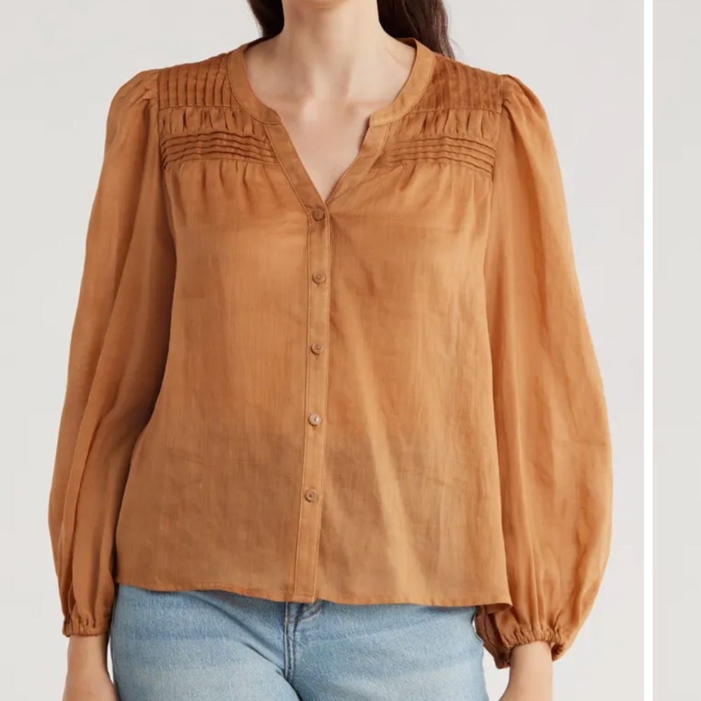 Tommy Bahama Palm Breeze Pintuck Button Up Shirt Womens Medium Blouse Chipmunk